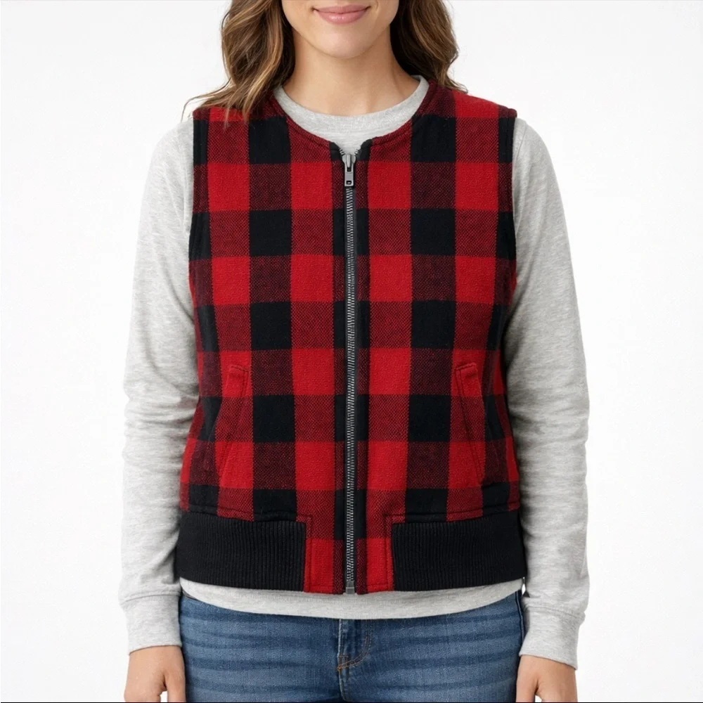 Madewell Wool Buffalo Check Sherpa Fleece Lined Vest Full Zip Knit Collar XL